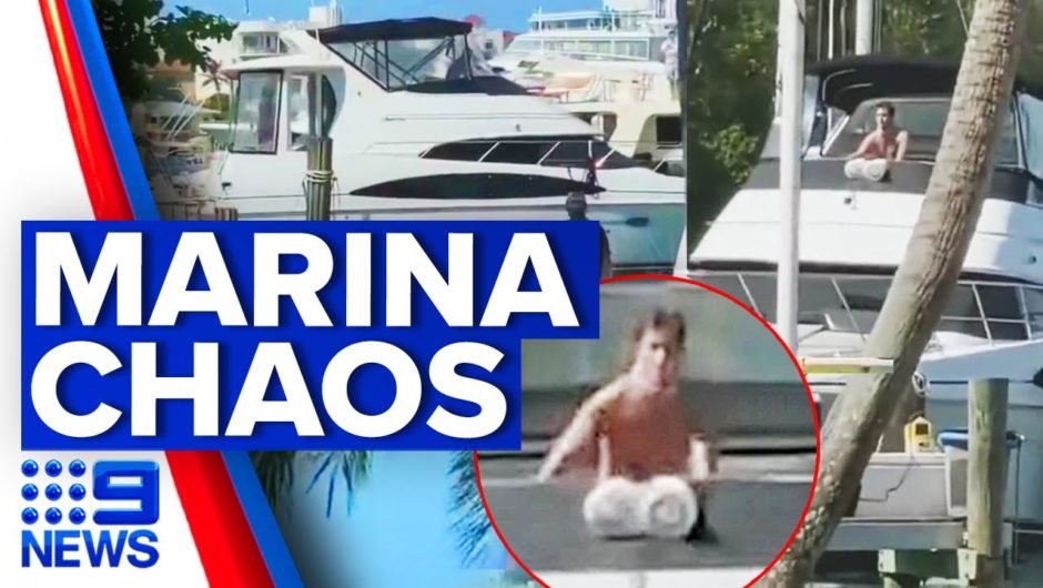 Luxury boat repeatedly smashes into Florida marina | 9 News Australia