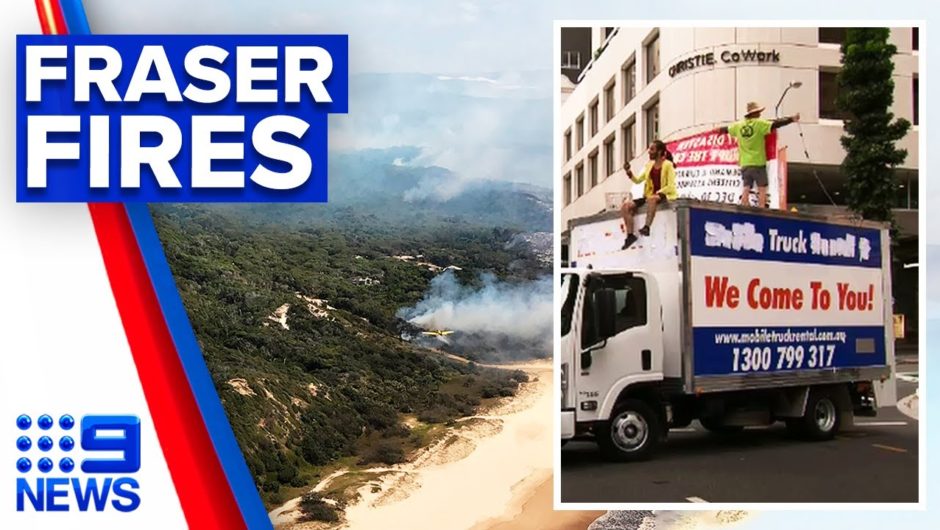 Fraser Island bushfire intensifies amid climate change protests | 9 News Australia