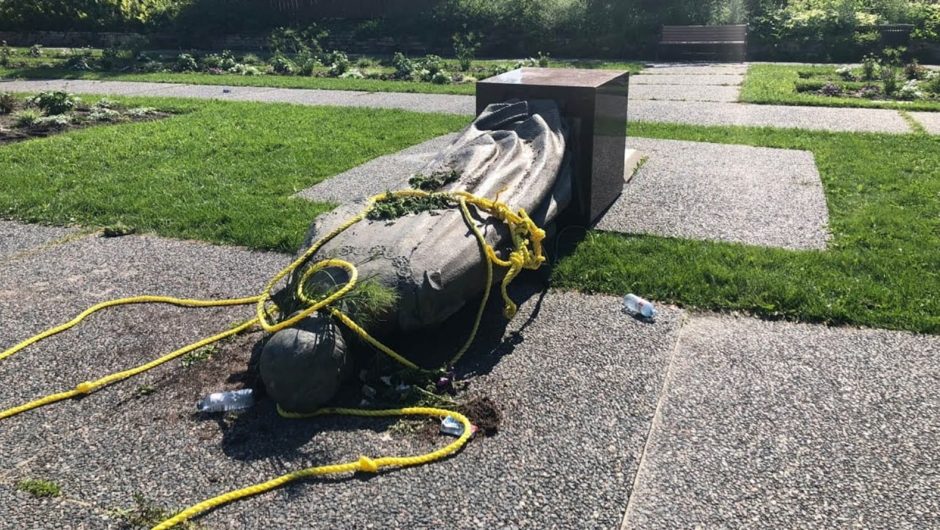 Queen Victoria statue toppled by protestors at Manitoba Legislature