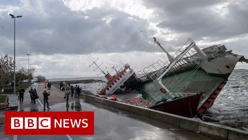 Man dodges falling concrete as storm tears through Turkey – BBC News